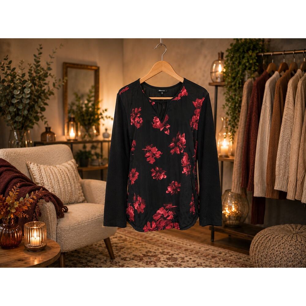 41 Hawthorn Boho CottageCore Black & Red Floral Long Sleeve Top  Large